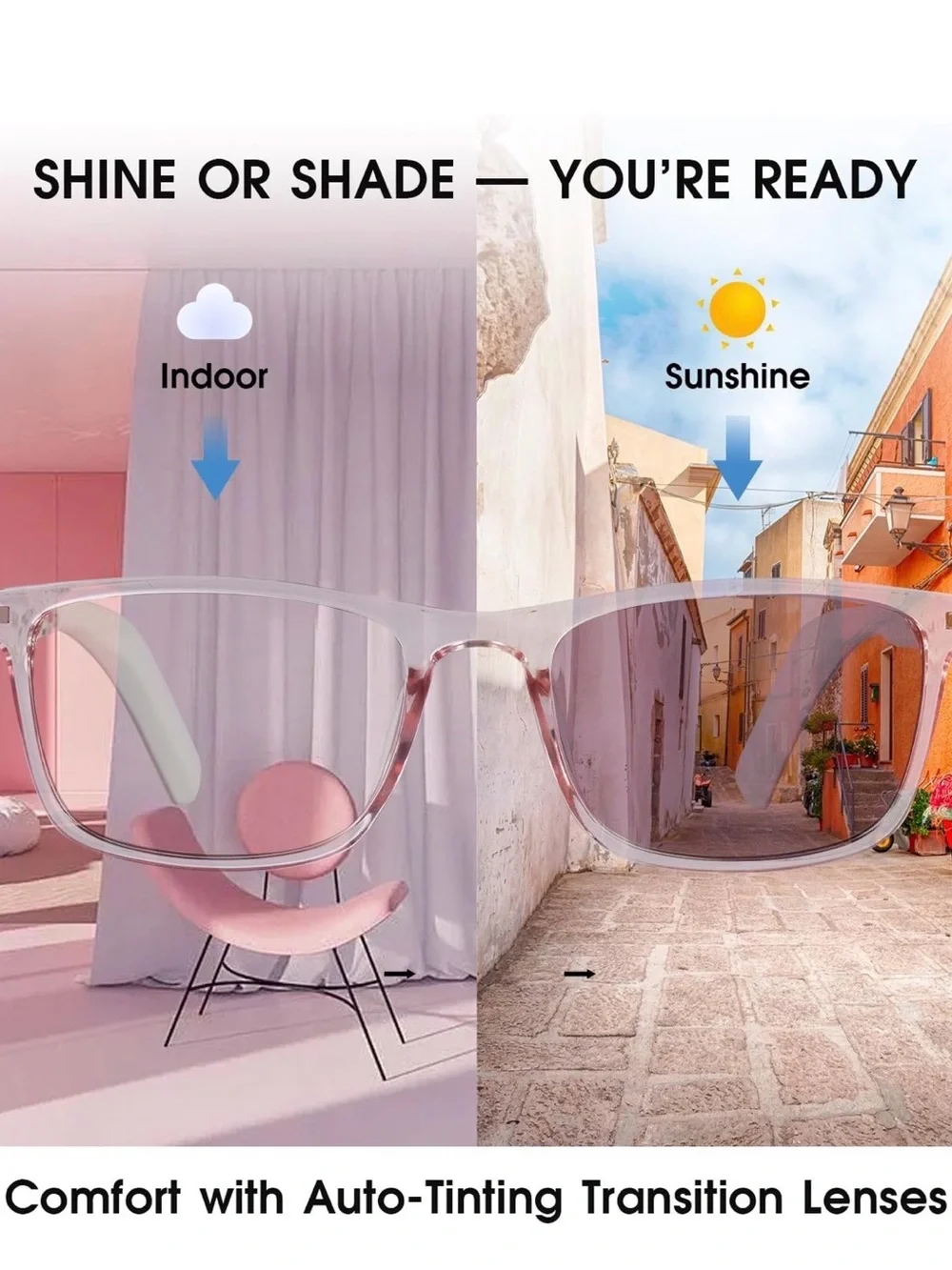 Smart Photochromic Glasses in Pink Transparent Frame